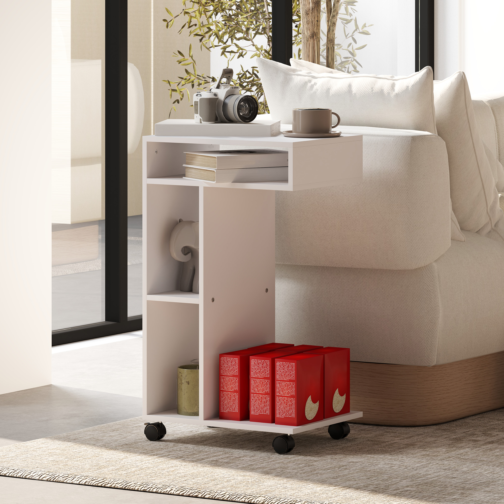 Homcom Tavolino da Soggiorno con Rotelle e Mensola Aperta, a Forma di C in Legno, 40x30x69 cm, Bianco   Aosom Italy
