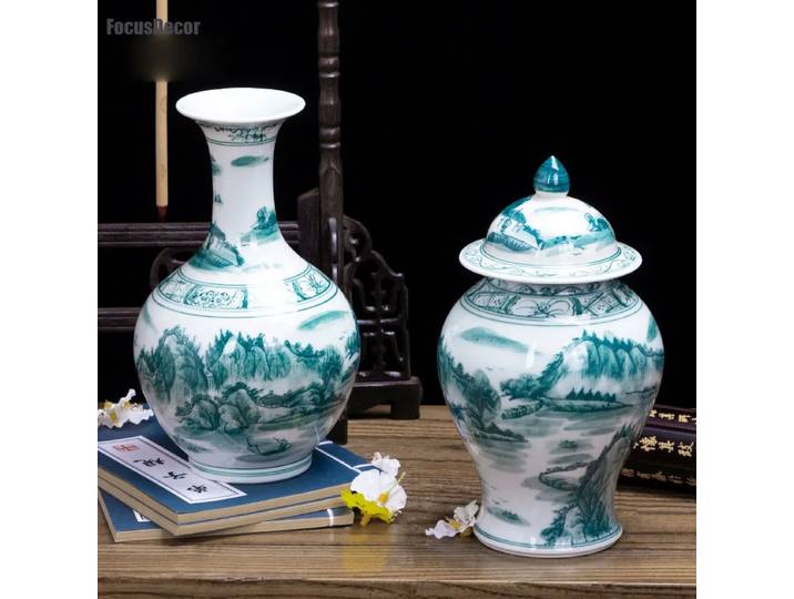 Vase en céramique verte en porcelaine chinoise, décoration de maison, Vases de Table, pièce maîtresse, couleur émeraude et blanche, vase de paysage de montagne
