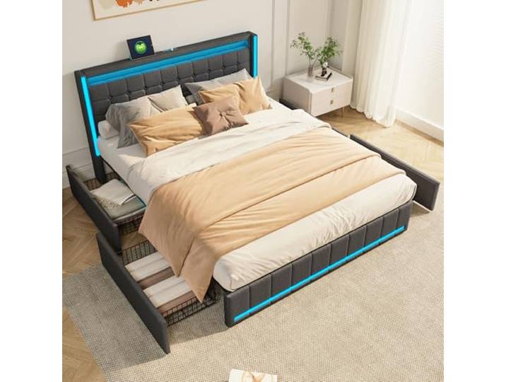 Lazyspace Polsterbett 140 x 200 cm, Doppelbett mit 4 Stauraum und Lattenrost, Ende des Bett und Kopfende mit LED-Beleuchtung, Einzelbett mit USB und USB C Ladefunktion, Jugendbett, Leinen, Dunkelgraue