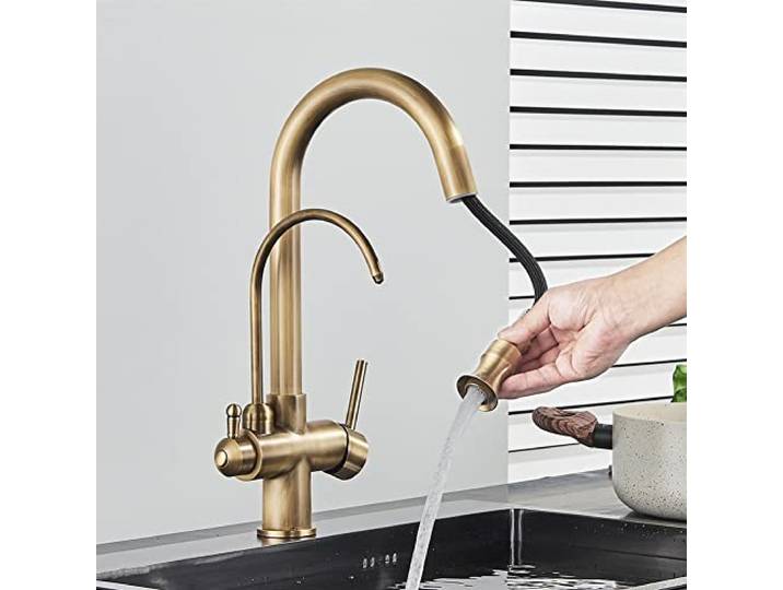 CAFIEDR Antike Messing-3-Wege-Wasserfilterarmatur – Ausziehbare Küchenarmatur Mit Zwei Griffen Für Warm- Und Kaltwasser, Idealer Trinkwasserfilterhahn.