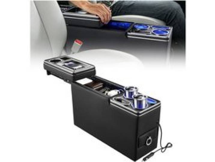 VEVOR Console Centrale entre Sièges avec Éclairage d'Ambiance 7 Couleurs, Boîte de Rangement avec Recharge USB/Type-C/Allume-cigare, Porte-gobelets et Support Téléphone, pour Monospaces, Camions, SUV