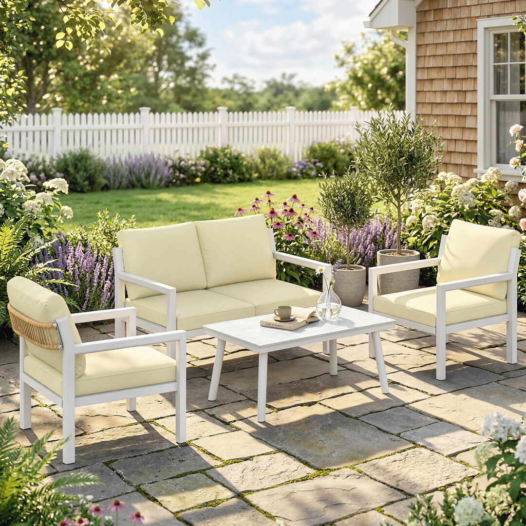 Outsunny 4 Seater Rattan Garden Furniture Set with Cushions Ivory Cushion/White Frame 4