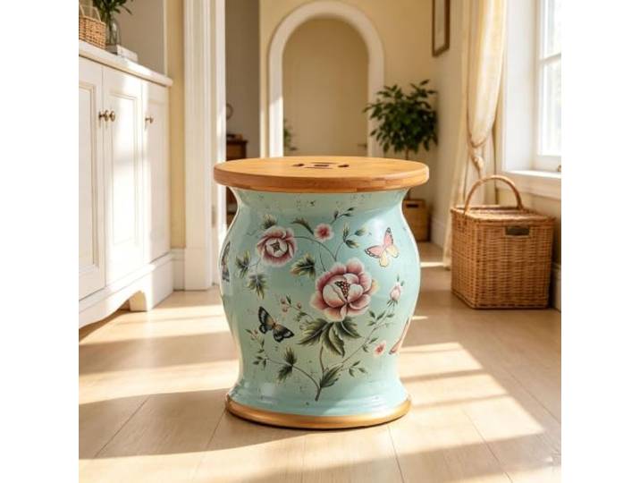 Chinoiserie Keramik Gartenhocker mit Stauraum,Dekorativer Trommelhocker Keramik Trommelhocker Chinoiserie mit Abdeckung,Mehrzweck Hocker, Beistelltisch für Wohnzimmer Foyer, Terrasse(14)
