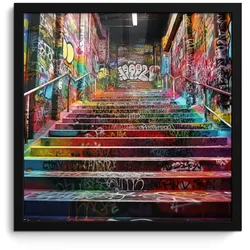 POSTER MIT RAHMEN Treppe - Graffiti - Farben - Kunst 40x40 cm