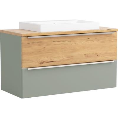 Waschtisch WELLTIME "TRIENT, Softclose-Auszüge, Keramikbecken", grau (schilfgrün, wildeiche, schilfgrün), B:100cm H:63cm T:47cm, Waschtische, Waschtisch, schilfgrün/wildeiche, Keramikbecken