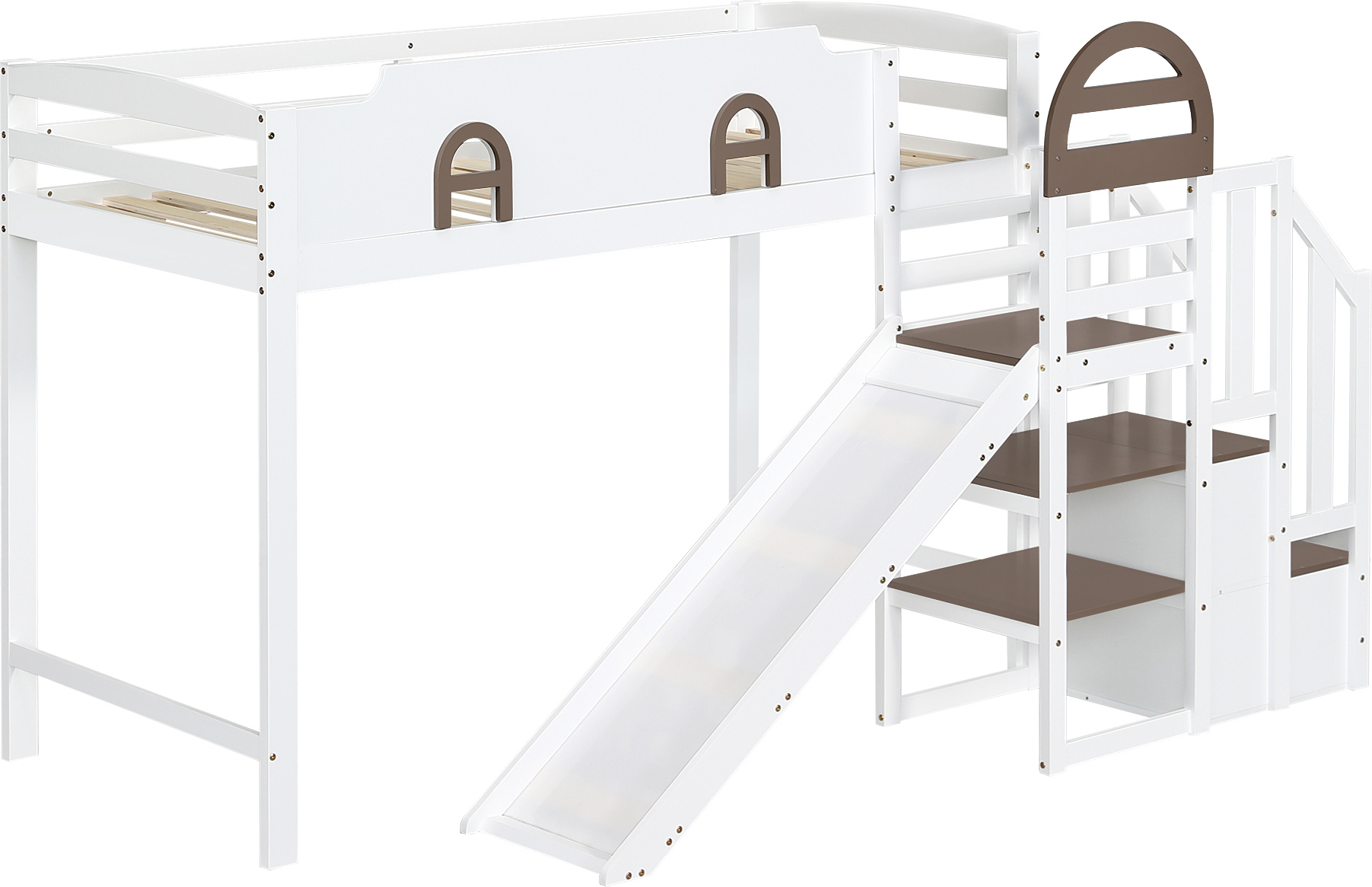 Etagenbett, Kinderbett Mit Fenster, Mit Kinderrutsche, Treppen mit Handlauf, Mit 2 Schließfächer in der Treppe, Reichlich Stauraum, Kiefer+MDF,