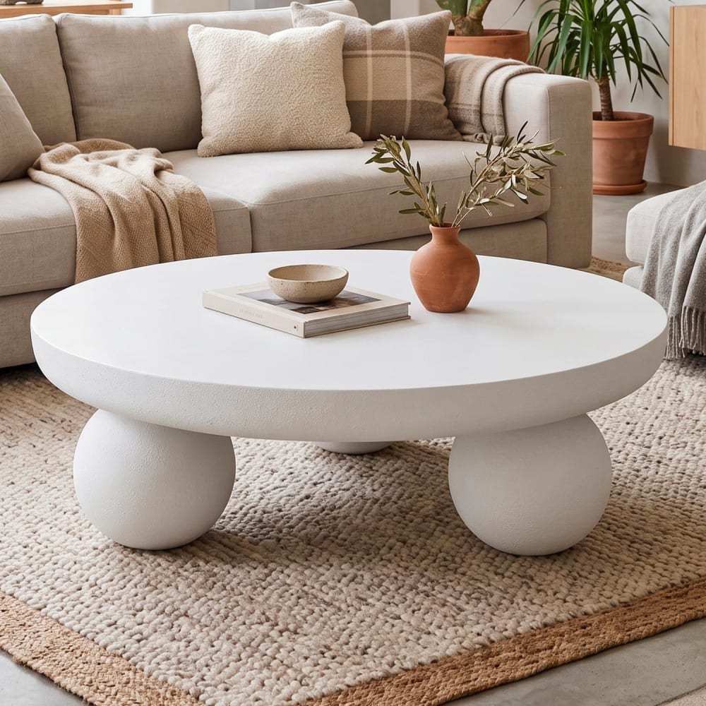 Menzzo Table basse contemporaine design rond l100cm texture minérale blanc Blanc 100x35x100cm