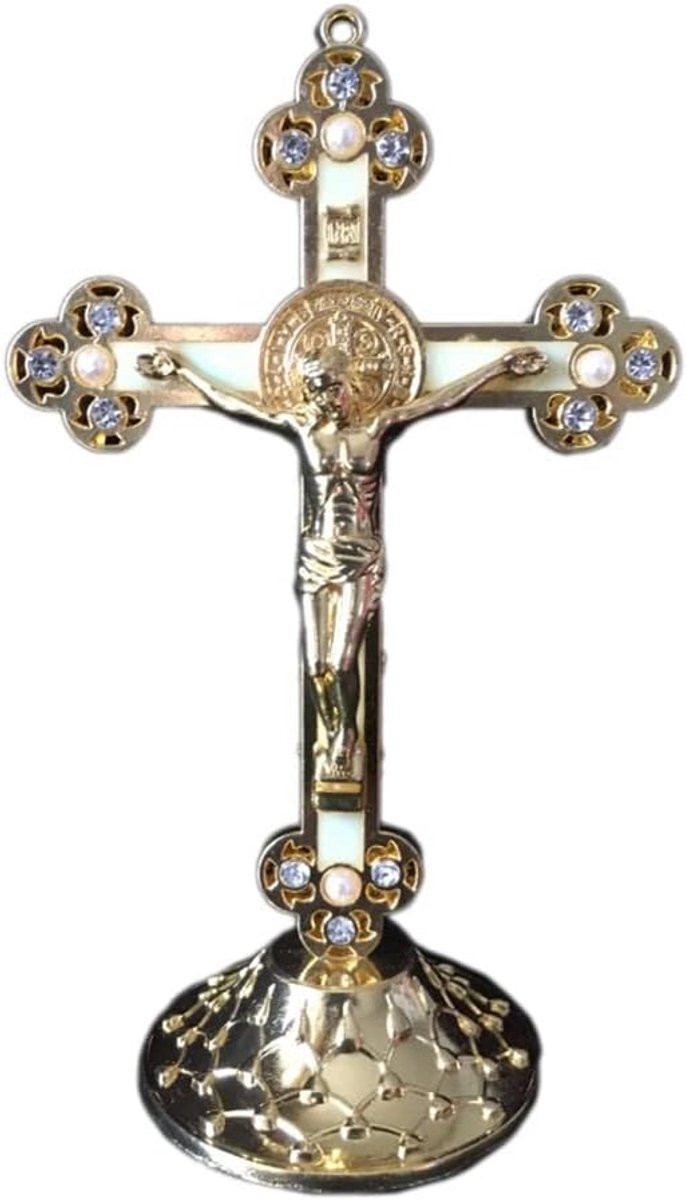 ShopVlot Crucifix beeld - Staand kruis met voet - Gouden afwerking