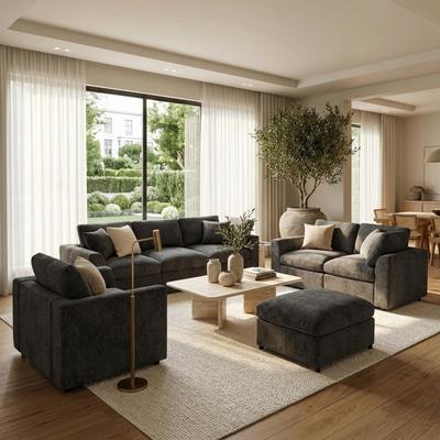 Direct Wicker 4-Piece Modular Chenille Sofa Set with a Movable Ottoman