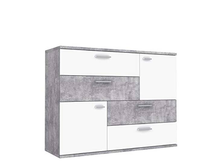 Forte Skive Kommode mit 2 Türen und 4 Schubladen, Holzwerkstoff, Betonoptik Lichtgrau / Weiß, 124.9 x 41.3 x 95.9 cm