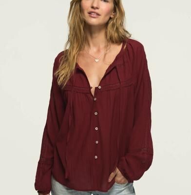Lucky Brand Pintuck Peasant Blouse - Women's Clothing Peasant Tops Shirts in Syrah, Size S