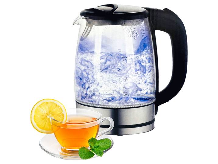 Wasserkocher aus Glas und Edelstahl, inkl. blauer LED-Beleuchtung, 1,7 Liter