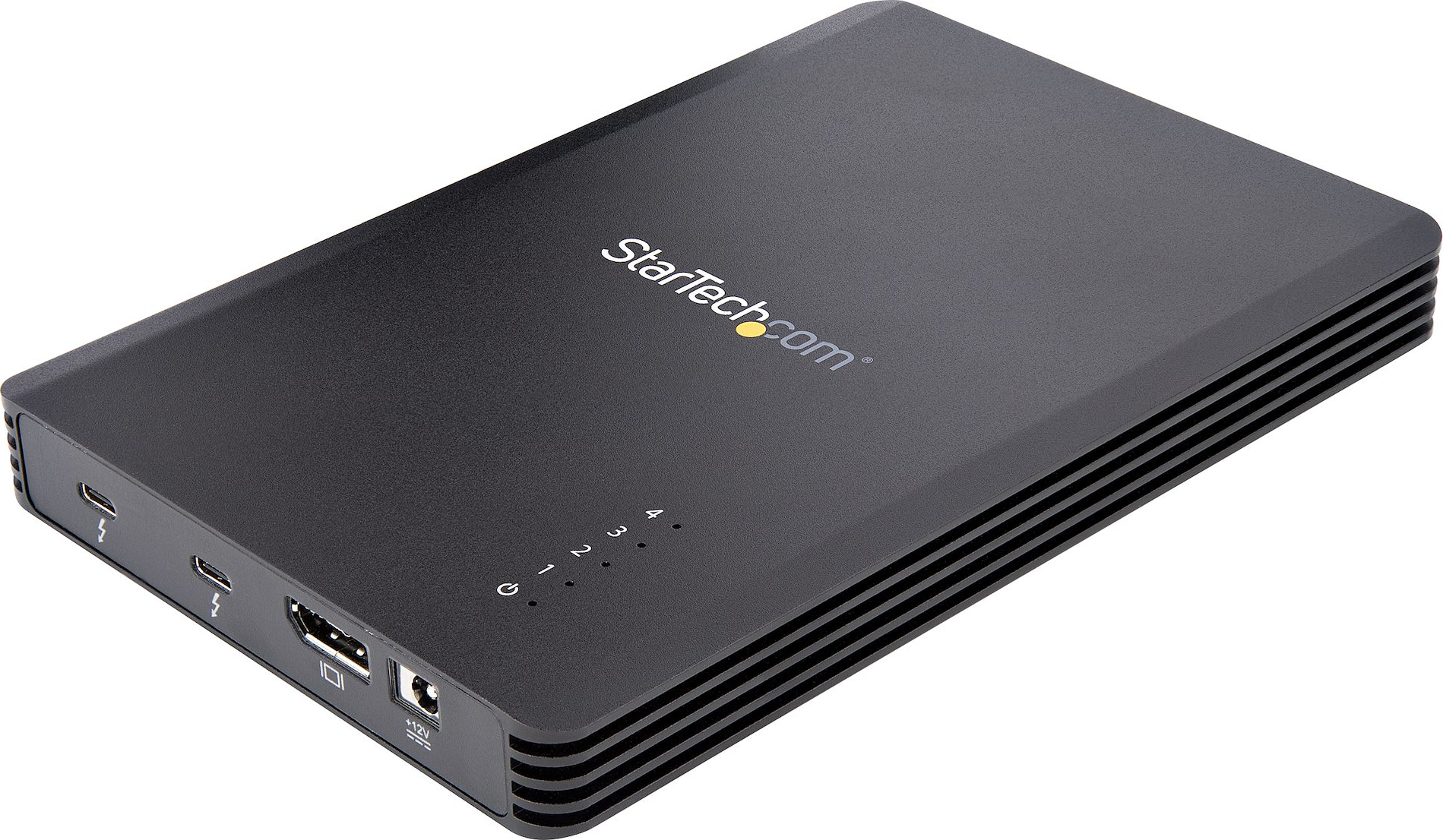 StarTech.com 4 Bay Thunderbolt 3 NVMe Gehäuse, für M.2 NVMe SSD Laufwerke, 1x DisplayPort Video/ 2x TB3 Downstream Ports, 40Gbit/s, 72W Stromversorgung, Externes Festplattengehäuse, SSD-Gehäuse, M.2, M.2, 40 Gbit/s, USB Anschluss, Schwarz