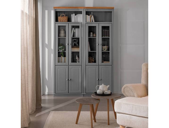 Bibliothèque massive B Pin massif verni Gris/Pin gris/Pin couleur miel 148 x 223 x 37cm