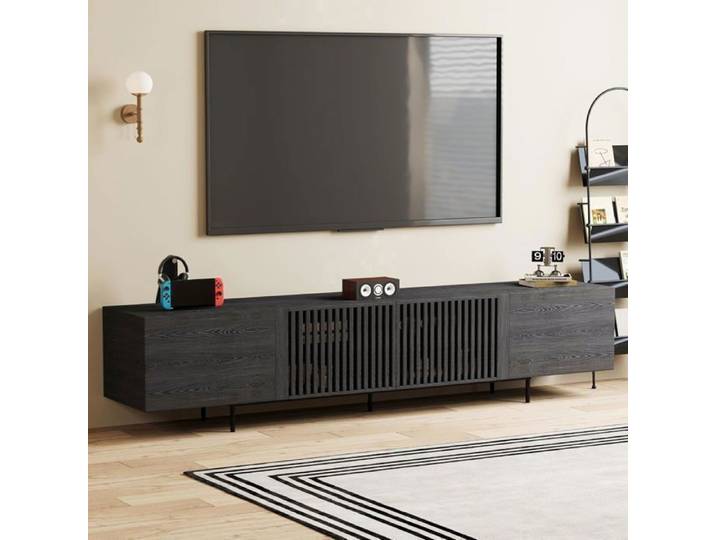 Meuble TV 180 cm pour TV 75  meuble bas noir avec portes à lattes grand rangement polyvalent pour salon/salle de loisirs