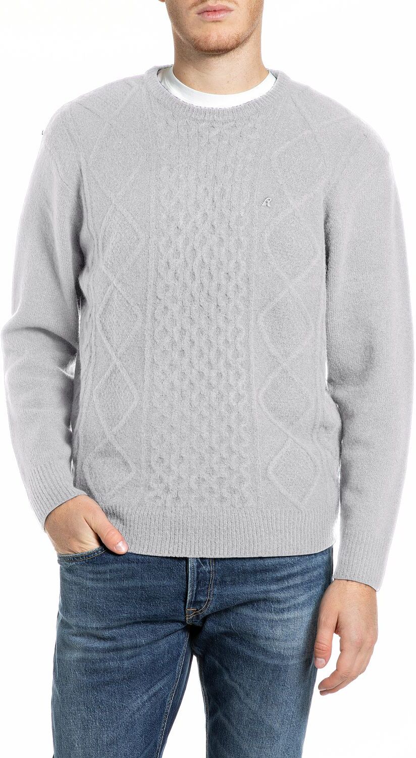 Strickpullover REPLAY, Herren, Gr. S, grau (pelican), Strick, Obermaterial: 52% Polyester, 38% Polyacryl, 8% Wolle, 2% Elasthan, unifarben, hüftbedeckend, Rundhals, Rippbündchen, Pullover Strickpullover, mit Zopfmuster, Materialmix mit Woll-Anteil pelican