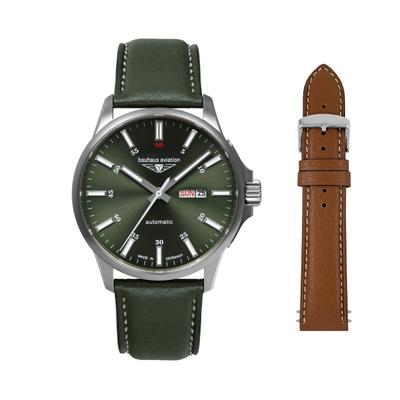 Automatikuhr BAUHAUS "Bauhaus Aviation Titanium", grün, Armbanduhren, Herren, Automatikuhr, Armbanduhr, Herrenuhr, Made in Germany, Mechanische Uhr, Lederarmband