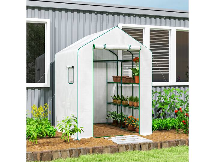 Outsunny Serre Jardin PE Blanc 140x143x190cm avec Étagères 3 Niveaux