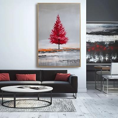 Abstraktes Leinwandbild mit rotem Baum, großes Wandbild für Zuhause oder Büro, handgefertigt auf Bestellung, Geschenk für Kunstliebhaber