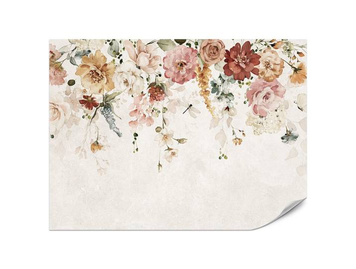 FOTOTAPETE für Esszimmer Aquarellblumen Blätter Pflanzen Pfingstrosen Rosen 200x140