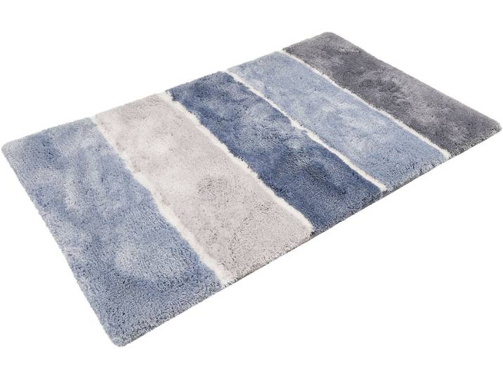 Badematte HOMIE LIVING Rio Marina , blau (blau, grau), H:30mm, Polyester, Badematten, Badematte, flauschiger Badteppich, modern gestreift, waschbar, Badezimmerteppich