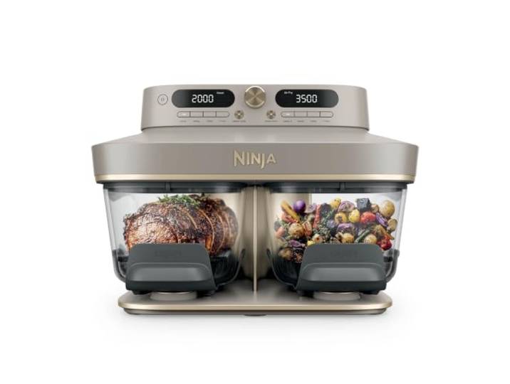 Ninja CRISPi DualZone Glas Air Fryer, Heißluftfritteuse mit 2 Körben, 8 Funktionen, zwei Gerichte gleichzeitig zubereiten, PFAS-freie Glasbehälter, Stein Gold DD103EUSD1