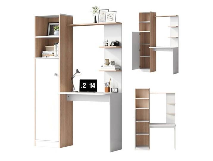 Bureau avec Étagères de Rangement et Placard - Table de Travail Blanc et Bois Naturel - Bureau d'Étude pour Télétravail et Studio