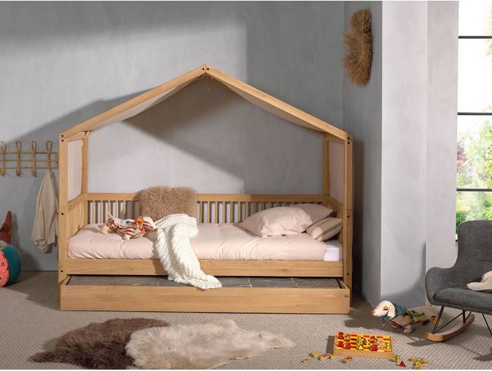 Hausbett VIPACK Eiche massiv geölt, Made in Europe, langlebige Qualität , braun (eiche natur geölt, eiche natur geölt, eiche natur geölt), B:97,5cm H:170cm L:207,5cm, Textilhimmel 100% Baumwolle, Betten, Hausbett, Liegefläche 90x200 cm, inkl. Textilhimmel und Bettschublade