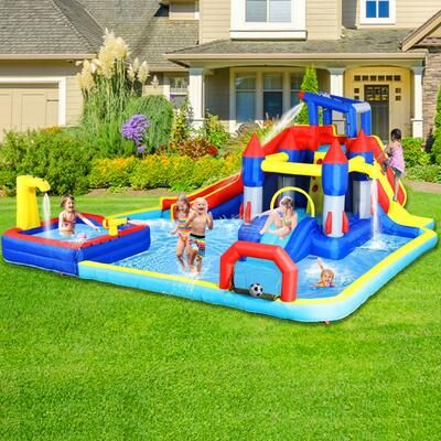 10 In1 Inflatable Slide Water Park Bouncing House with Splash Pool,Water Gun,Basketball,Climbing Wall and Soccer - Multicolor
