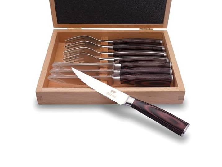 BEEFSTONE Steakbesteck Set 8-teilig 4 Steakmesser mit Wellenschliff, 4 Steakgabeln, Ergonomische Pakka-Holzgriffe, Geschenkbox aus Holz