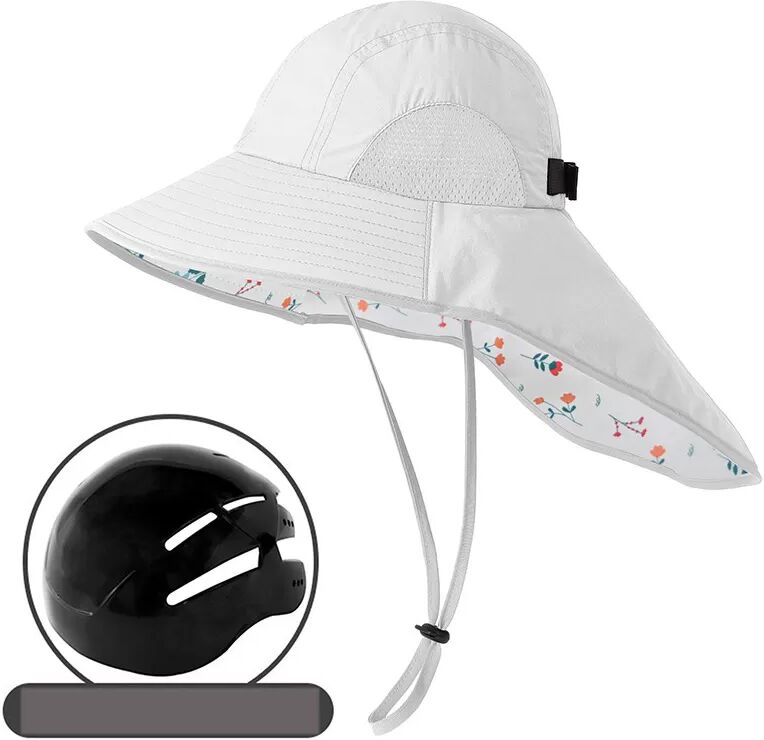 INF Weißer Blumenmuster Sonnenhut mit Nackenschutz, kompatibel mit Fahrradhelmen, UV-Schutz, atmungsaktiv und verstellbar