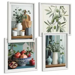 BILDER SET 4er Set - 50x50 cm & 40x60 cm Weißer Rahmen - Grüne Oliven, Eukalyptus