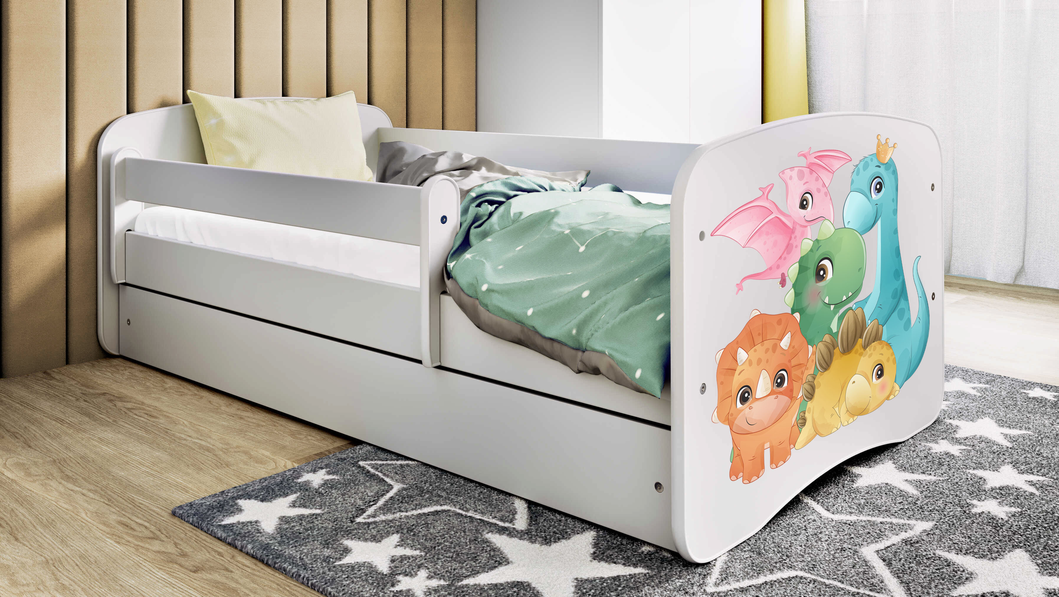 Kinderbett Jugendbett Dino 70x140, 80x160, 80x180 cm - Komplettset mit Schublade & Rausfallschutz