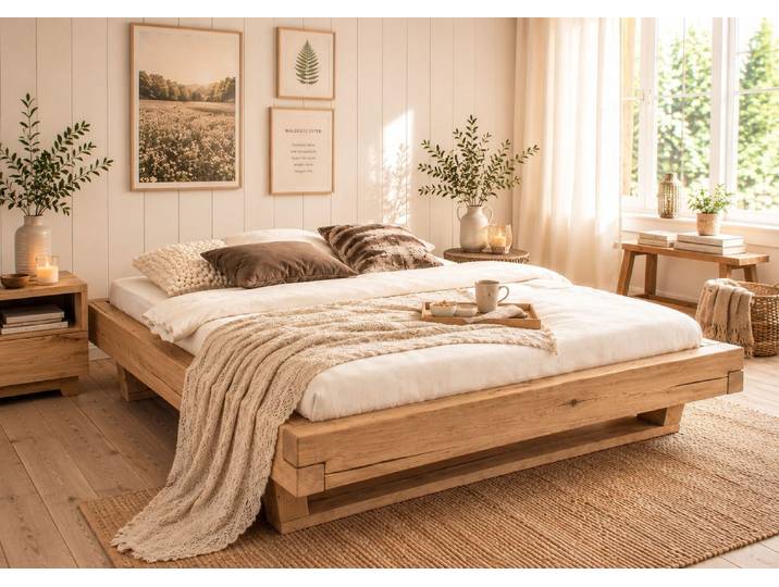 Massivholzbett, Eiche, Beige, 218×218 cm, Hohe Belastbarkeit, Futonbett, Home-affaire