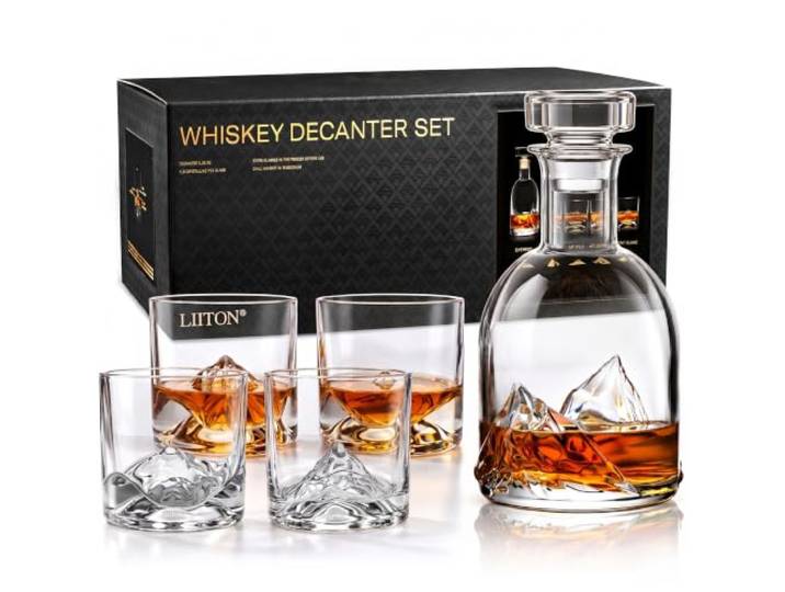 LIITON The Peaks Whisky-Dekanter-Set mit 4 Gläsern Bleifreier Kristall-Dekanter mit Gipfel-skulptierten Gläsern, kühlt Whisky ohne Eis, keine Verwässerung, Old-Fashioned-Set