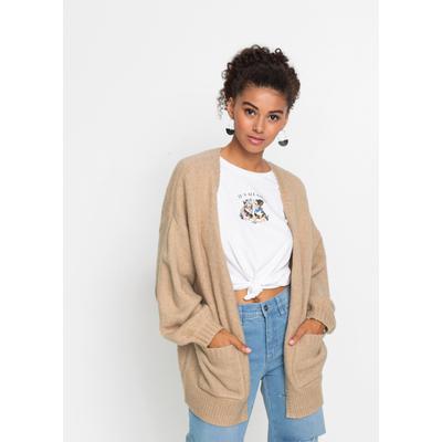 Strickjacke BONPRIX "Oversize-Strickjacke", Damen, Gr. 36/38 (S), beige (new beige meliert), Obermaterial: 75% Polyacryl, 22% Polyester, 3% Elasthan, oversize, Strickjacken Strickjacke, Oversize-Passform, mit aufgesetzten Taschen