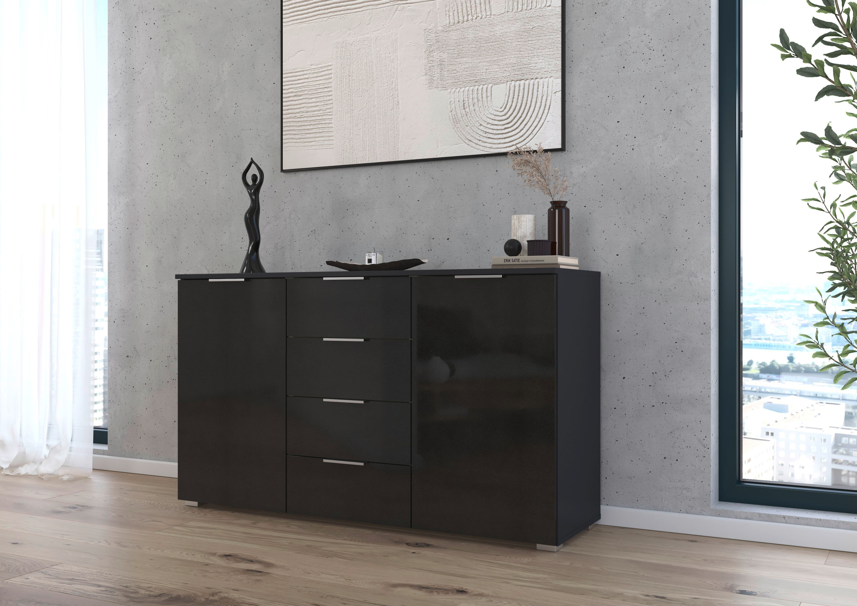 Kombikommode GOODPRODUCT "Sideboard Schubladenkommode AGORDO mit Dekor- oder Hochglanzfront", schwarz (graumetallic, hochglanz effektgrau), B:120cm H:81cm T:42cm, Holzwerkstoff, Sideboards, Kombikommode, vier grosse Schubladen, mit insgesamt 4 Einlegeböde
