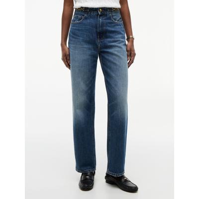 High-waist-Jeans TOMMY HILFIGER "TAPERED CAM HW ANKLE", Damen, Gr. 28, Länge 30, blau (cam mid), Denim/Jeans, Obermaterial: 100% Baumwolle, unifarben, regular fit knöchellang, Jeans High-Waist-Jeans, Baumwolle, knöchellang, high waist