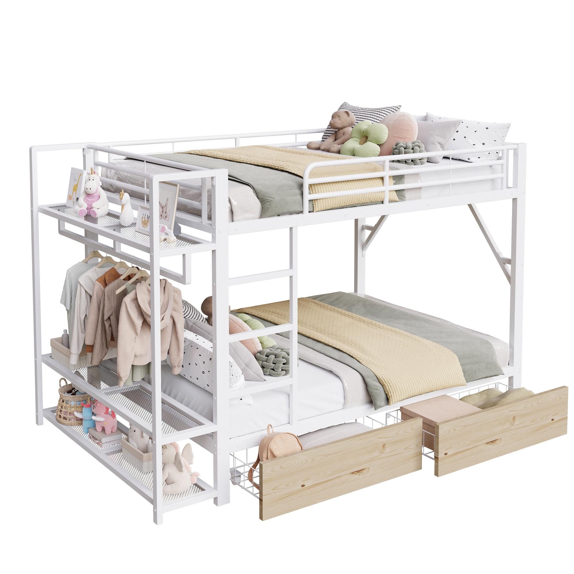 Etagenbett mit Kleiderstange, Regal, Schubladen und LED-Beleuchtung, 140x200cm, Metallbett mit Rausfallschutz, Jugendbett