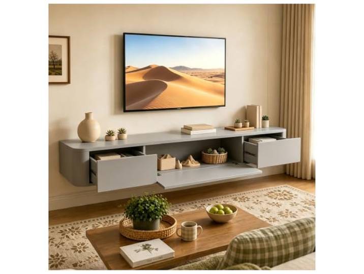 KSYGINXD Schwebende TV Schrank 160cm Grau, Modern TV Lowboard Hängend, TV Board Hängend mit 2 Schubladen 1 Klappen Türen & Kabelmanagement, für Wohnzimmer und Esszimmer