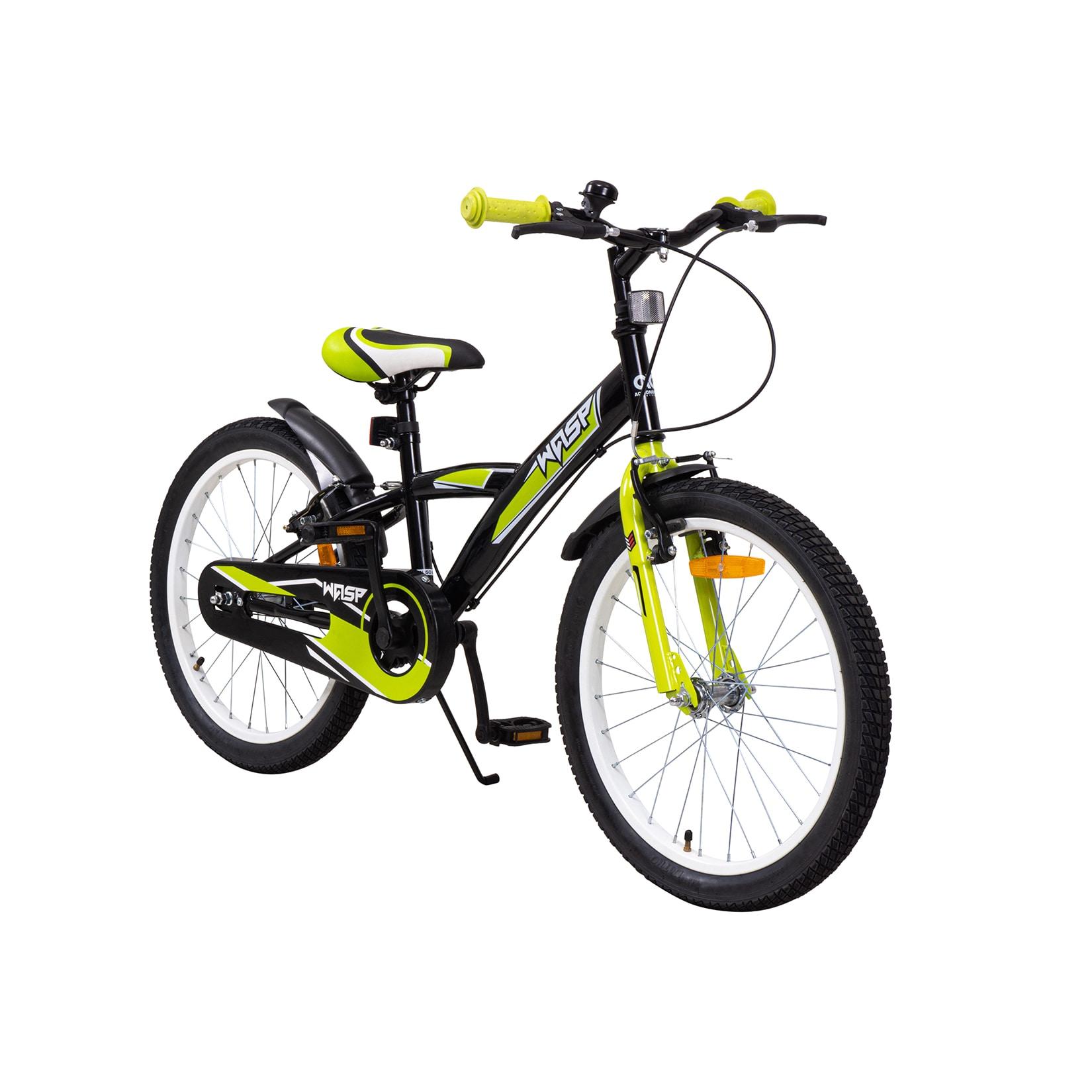 Actionbikes Kinderfahrrad Wasp 20 Zoll, Fahrradständer, Schutzbleche, verstellbar, V-Brake-Bremsen (Schwarz-Grün)