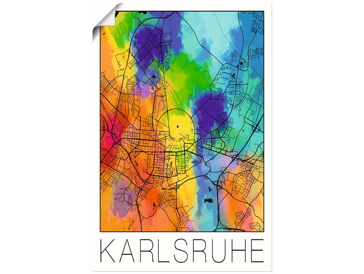 Poster ARTLAND Retro Karte Karlsruhe Aquarell , bunt (farbe bild(er): bunt), B:20cm H:30cm, Bilder, Poster, ohne Rahmen