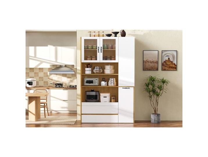 Modenuit buffet de cuisine haut 100x40x200 cm avec verre strié tablette coulissante 2 tiroirs blanc et naturel