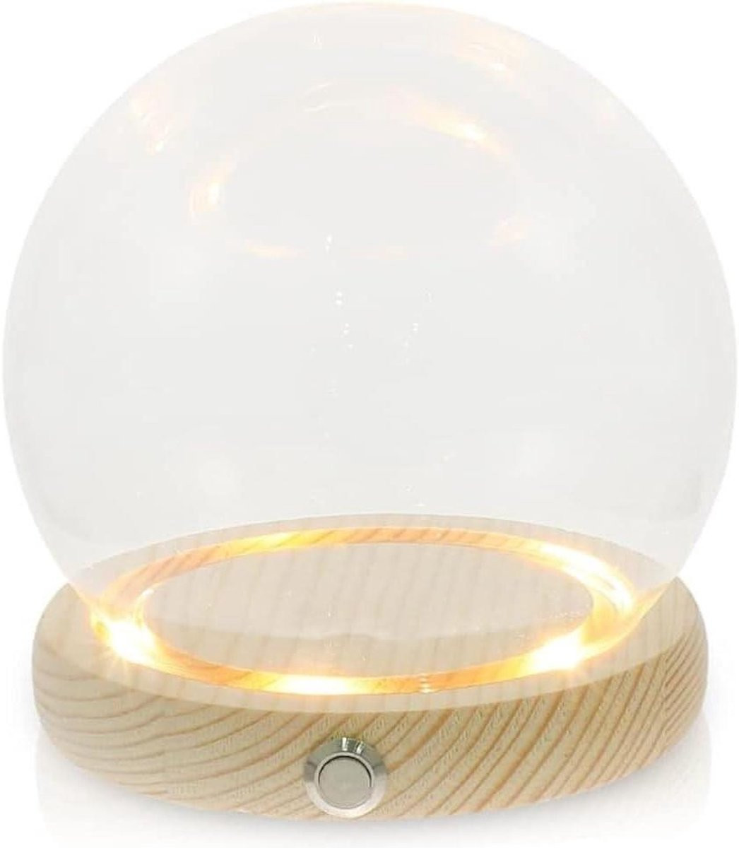 Decoratieve Glazen Stolp met Verlichting en Houten Ondergrond - 13 cm
