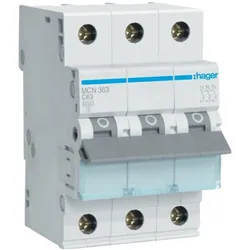 Hager, Schutzschalter, MCN363. Nennstrom: 63 A. Typ: C-type, Module Menge (max): 3 Modul(e). Breite: 52,5 mm, Tiefe: 70 mm