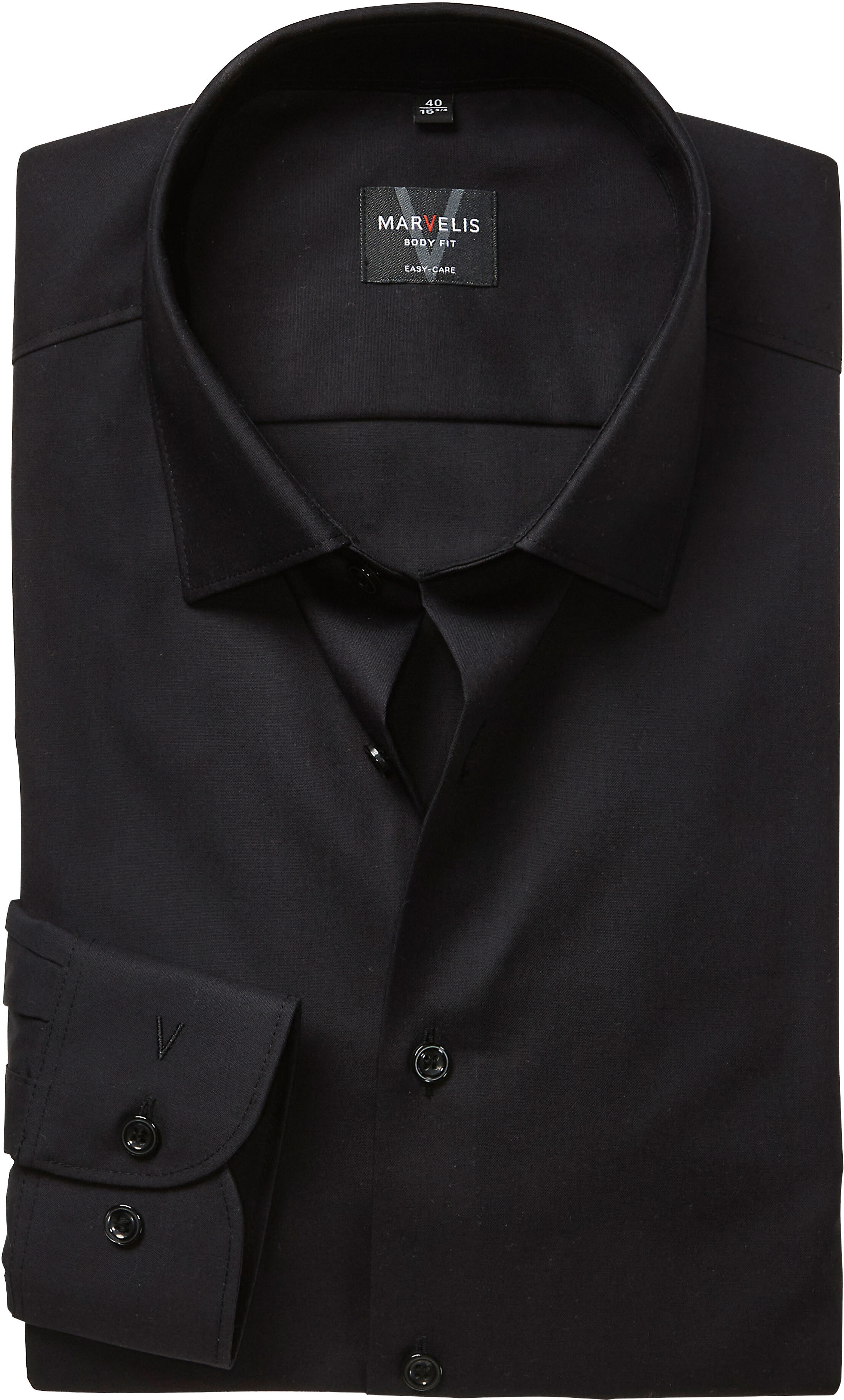 Langarmhemd MARVELIS, Herren, Gr. 41, N-Gr, schwarz, Web, Obermaterial: 100% Baumwolle, körpernah, 2-Knopf-Manschette, Hemden Langarmhemd, Kentkragen, Businesshemd, körpernah schwarz 41, N-Gr