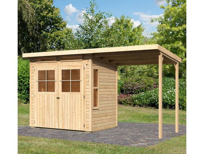 Gartenhaus KARIBU Falkensee 2 , beige (naturbelassen), ohne Fußboden, ohne Dacheindeckung, Holzwerkstoff, Gartenhäuser, Gartenhaus