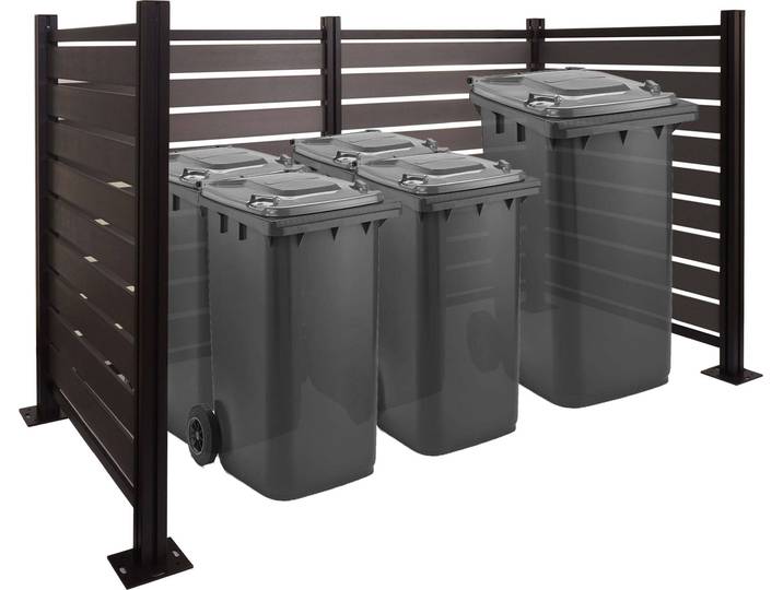 Alu Mülltonnen-Zaun HWC-K57, Mülltonnenverkleidung, Holzoptik erweiterbar 130x206x110cm grau