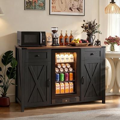 "Farmhouse 53.2"" Fridge Storage Space with Power Outlet, Coffee Wine Bar Cabinet with Mini Fridge Space for Kitchen Dining Room"