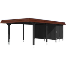 Skan Holz Walmdach409cm inkl. Abstellraum anthrazit rote Blende Holzcarport